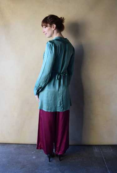 1920s silk satin tunic . vintage 20s green top . s