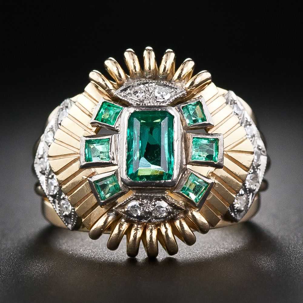 Mid-Century Emerald and Diamond Cocktail Ring - image 1
