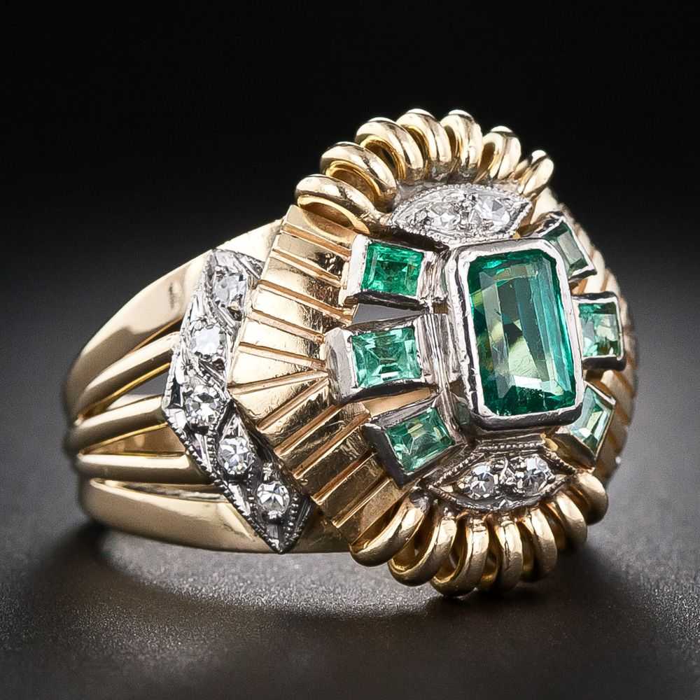 Mid-Century Emerald and Diamond Cocktail Ring - image 2