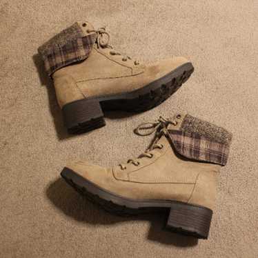 Vintage Beige Suede Plaid Cuff Boots - image 1