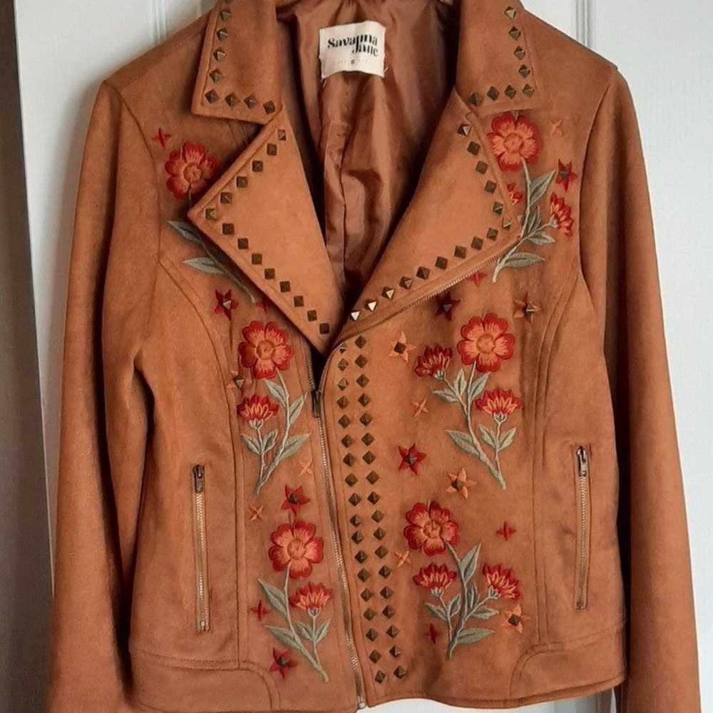 Caramel faux suede embroidered moto jacket - image 1