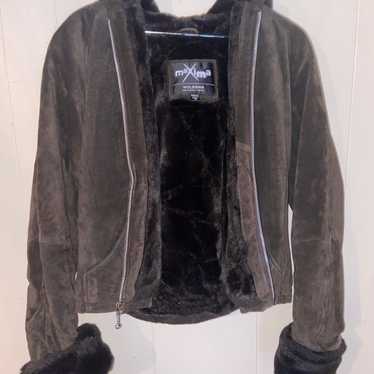 J. JILL Brown Genuine Suede Leather Zip Jacket Hooded Lined