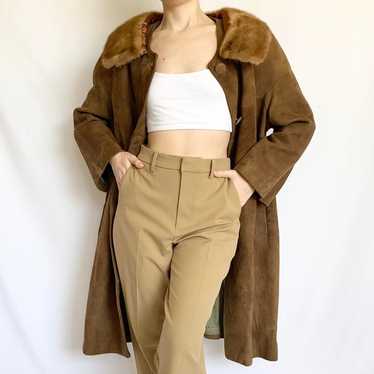 Vintage 1950s 1960s Brown Mink Collar Trench Coat - image 1