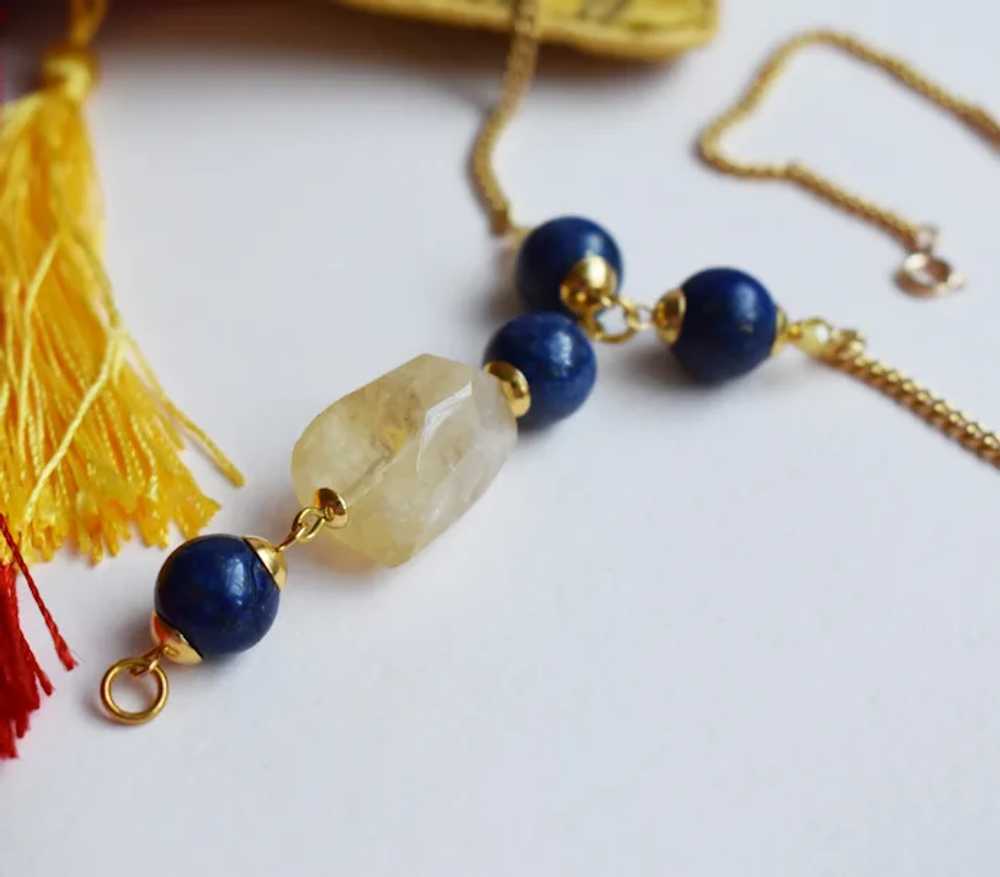 Yellow Citrine and blue lapis lazuli lariat chain… - image 10