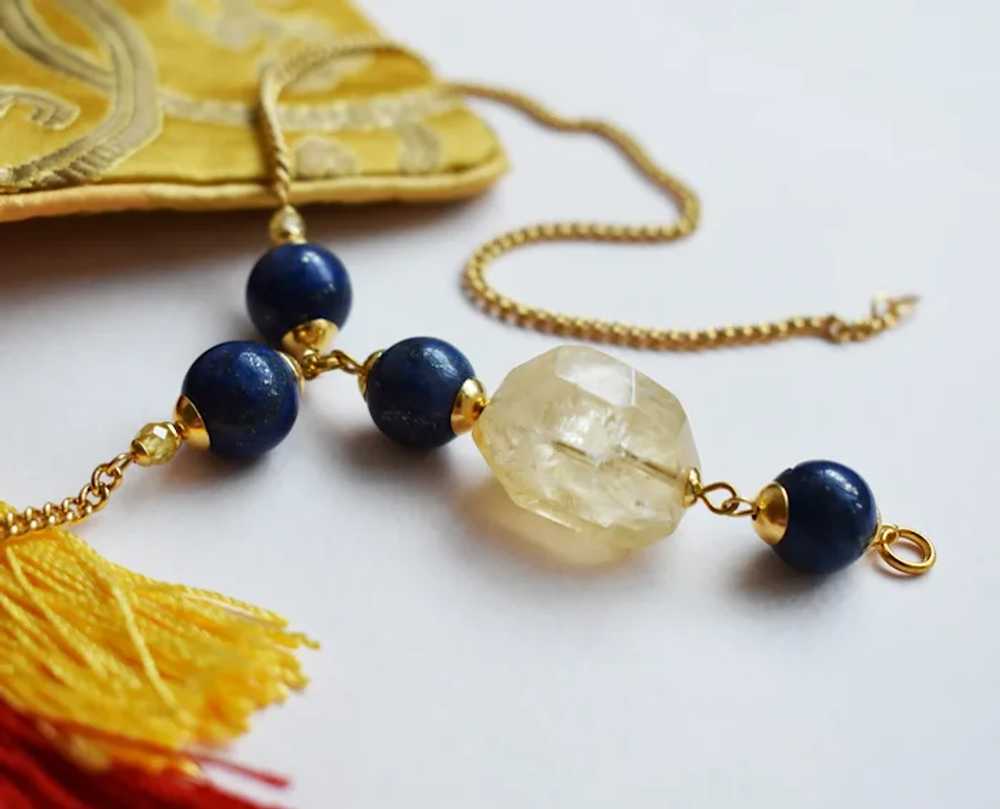 Yellow Citrine and blue lapis lazuli lariat chain… - image 11