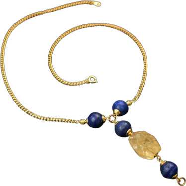 Yellow Citrine and blue lapis lazuli lariat chain… - image 1