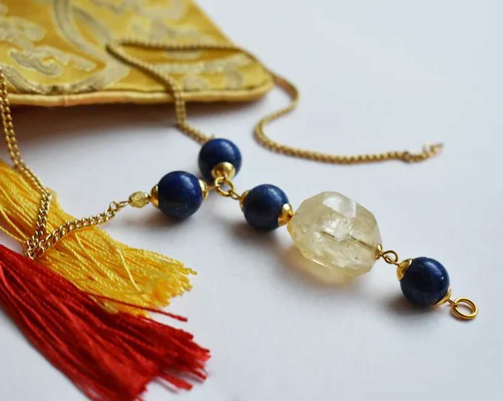 Yellow Citrine and blue lapis lazuli lariat chain… - image 4