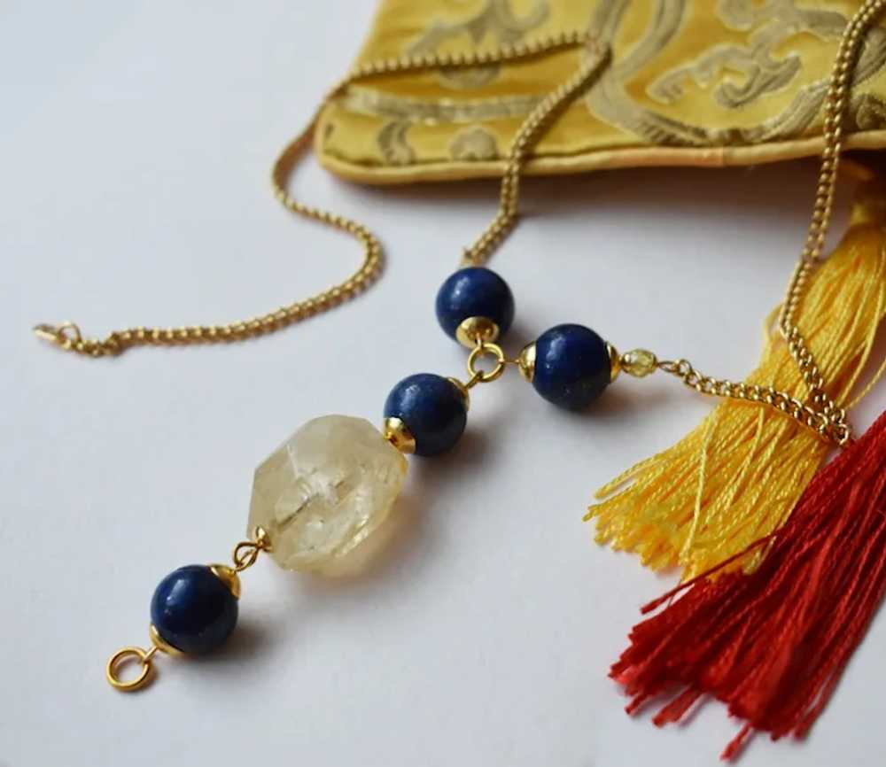 Yellow Citrine and blue lapis lazuli lariat chain… - image 6