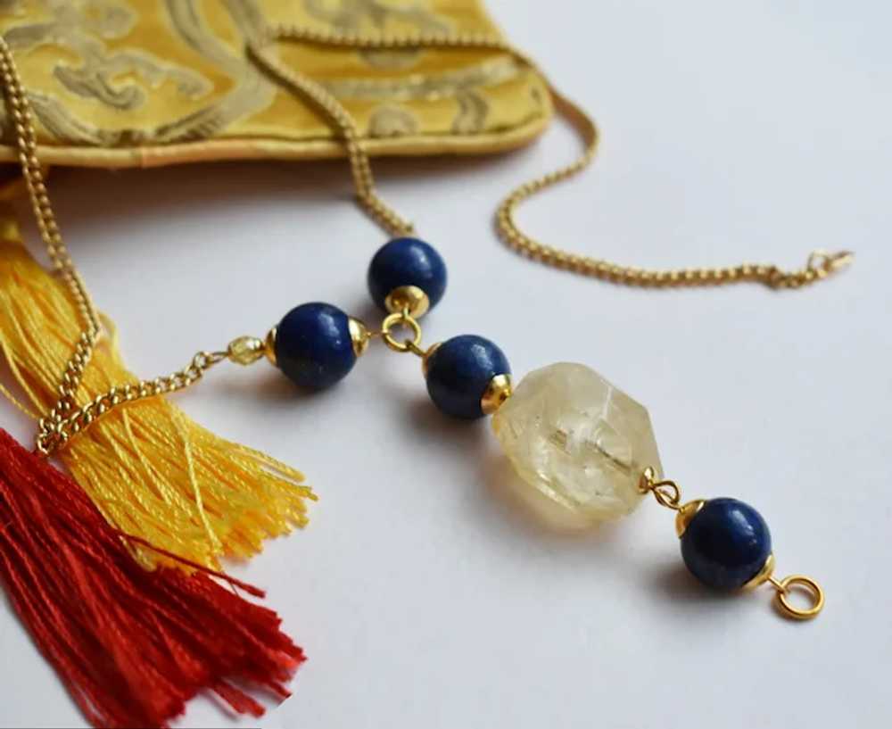 Yellow Citrine and blue lapis lazuli lariat chain… - image 9