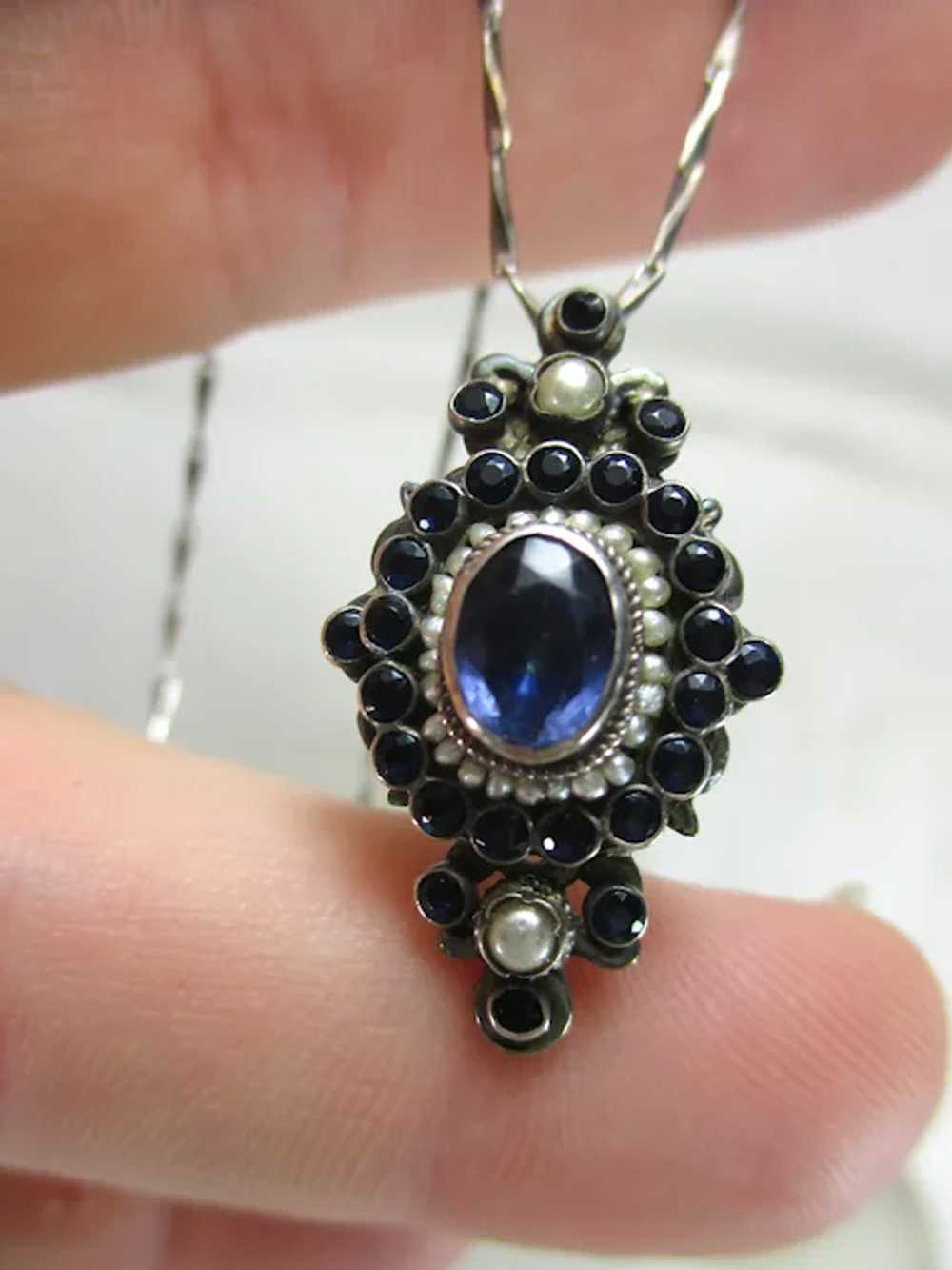 Antique Sapphire and Seed Pearl Converted Pin Pen… - image 3