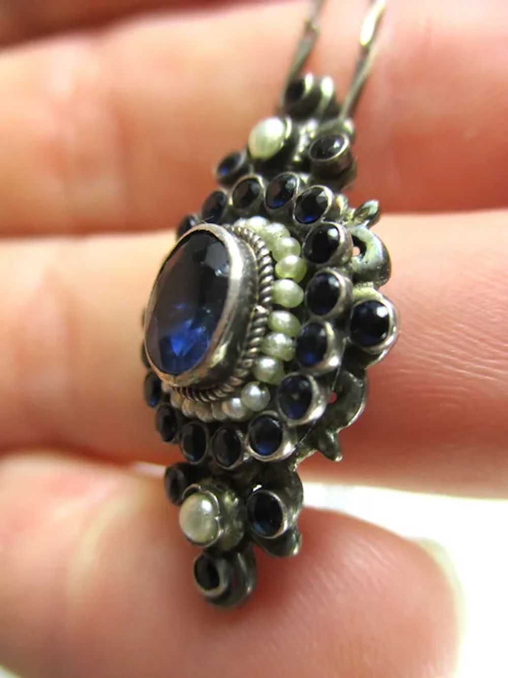 Antique Sapphire and Seed Pearl Converted Pin Pen… - image 4