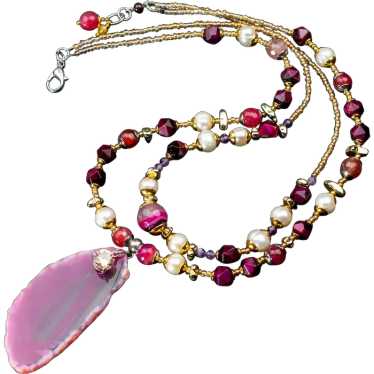 Long fuchsia stone bead necklace, large hot pink … - image 1