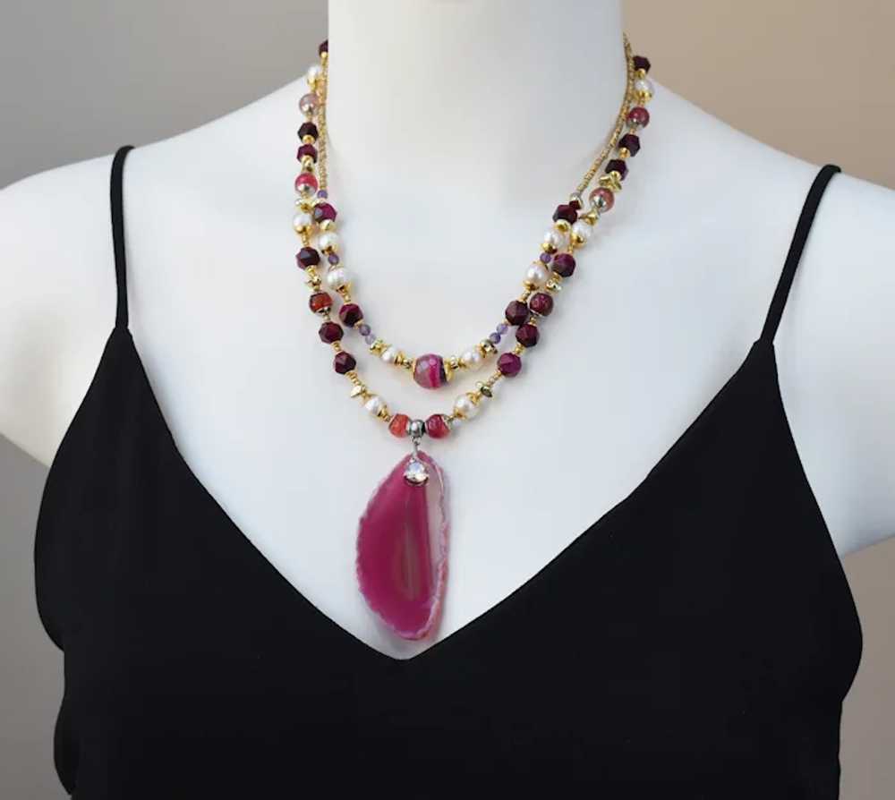 Long fuchsia stone bead necklace, large hot pink … - image 3