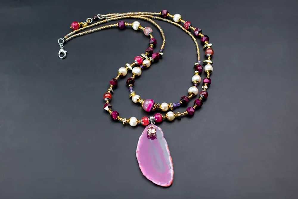 Long fuchsia stone bead necklace, large hot pink … - image 5