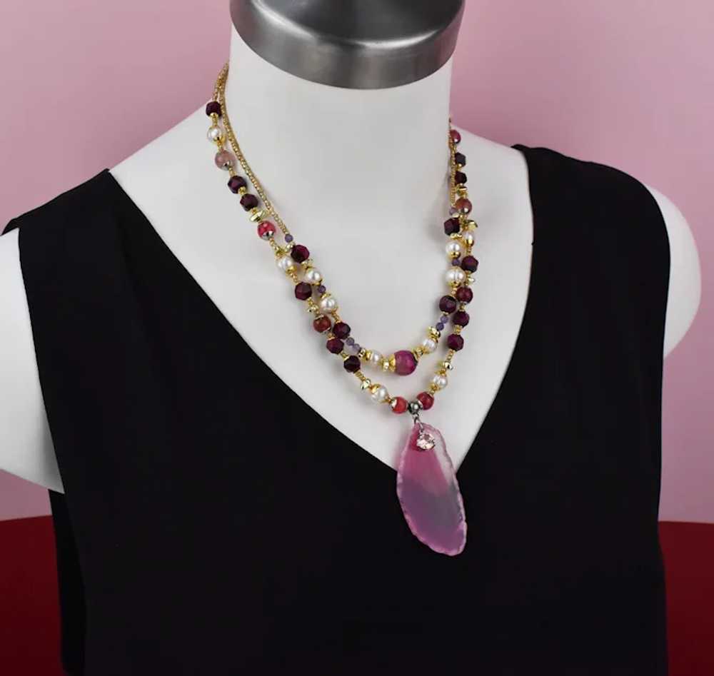 Long fuchsia stone bead necklace, large hot pink … - image 6