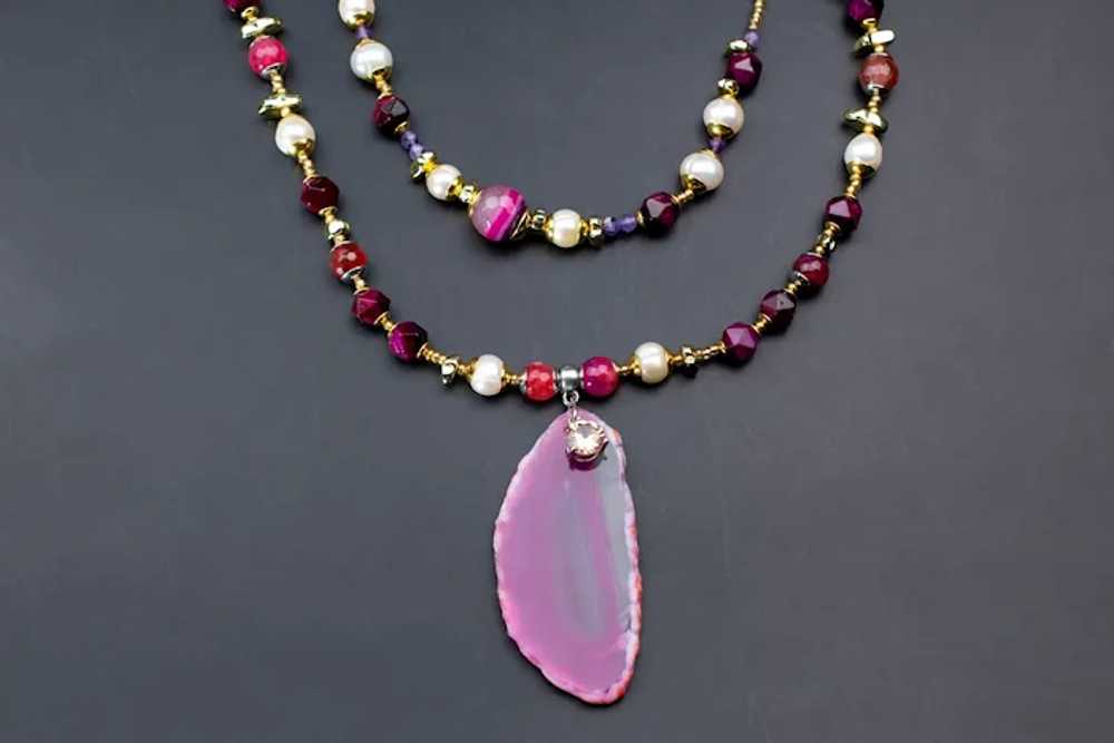 Long fuchsia stone bead necklace, large hot pink … - image 7