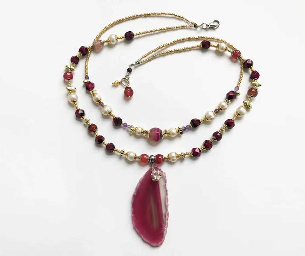 Long fuchsia stone bead necklace, large hot pink … - image 8