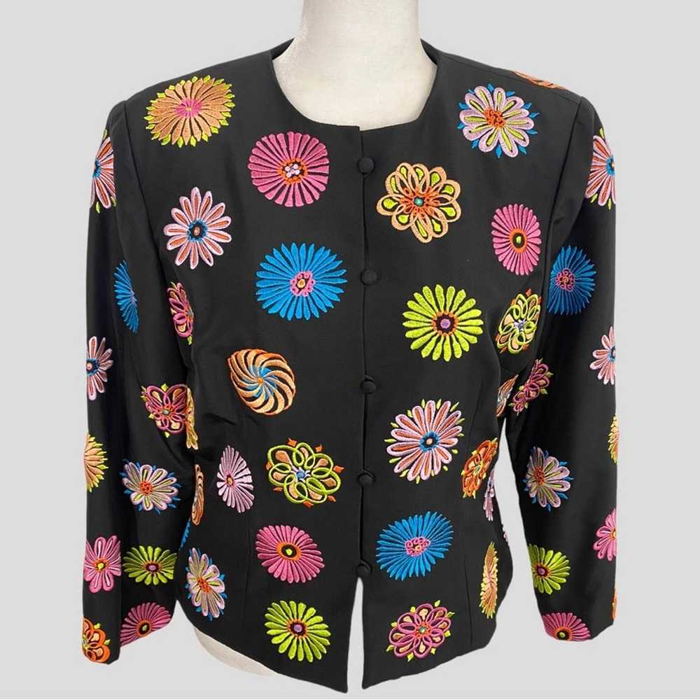 Vintage Black Silk Jacket with Multicolor Floral … - image 1