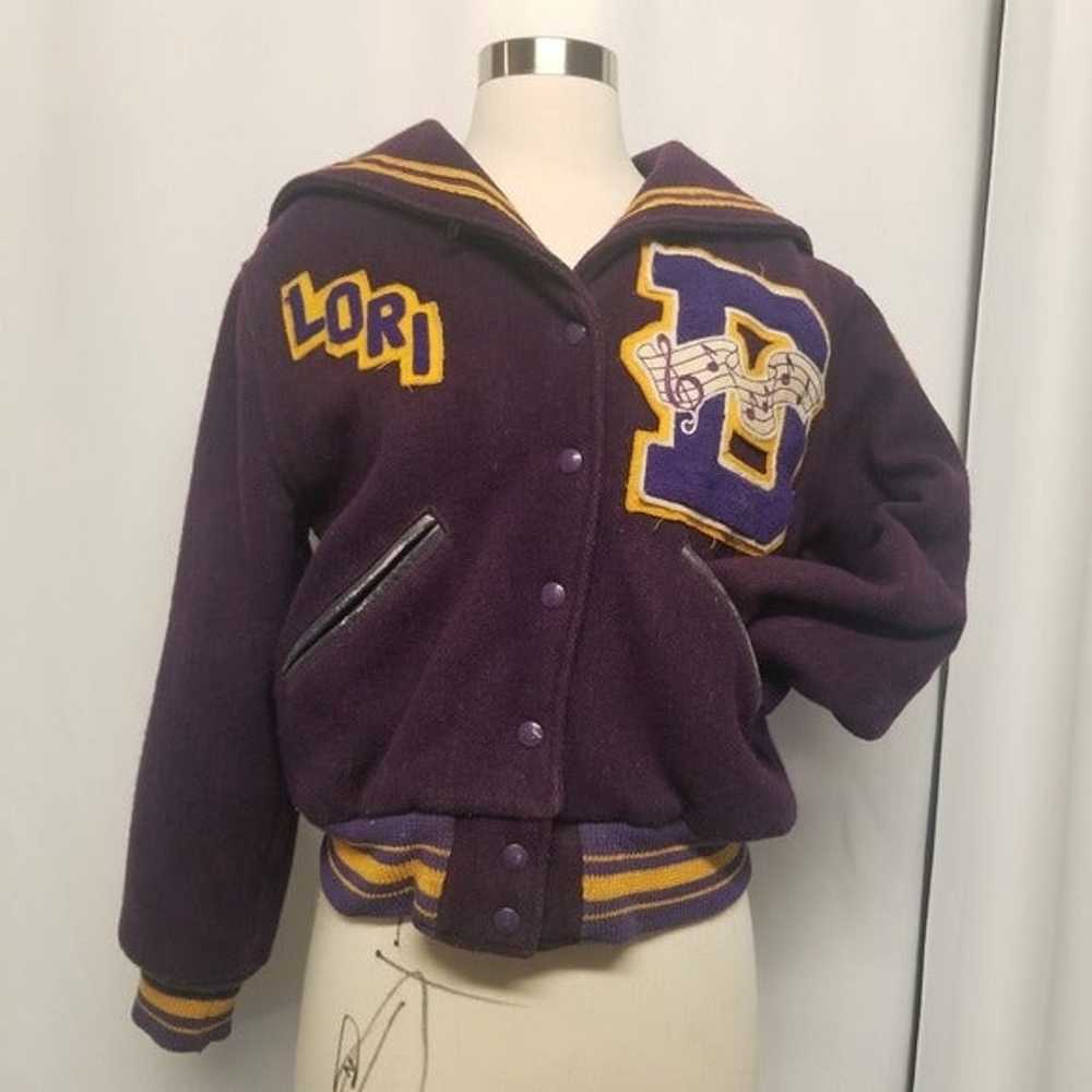 Vintage 80s Letterman Varsity Jacket Purple Yello… - image 1