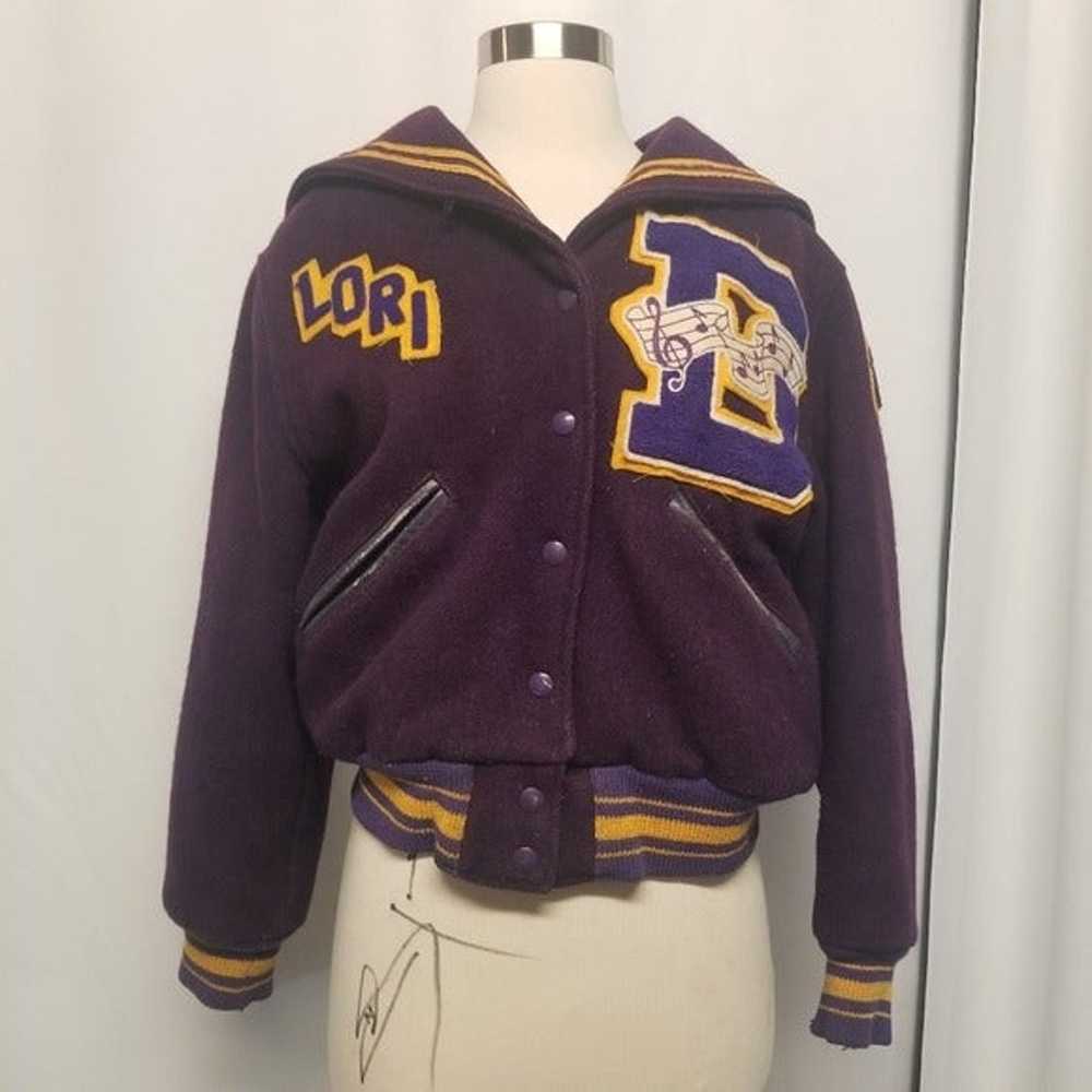 Vintage 80s Letterman Varsity Jacket Purple Yello… - image 2