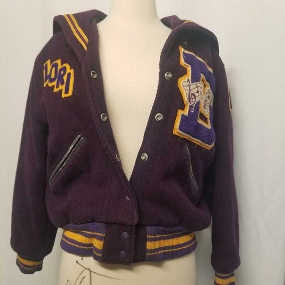 Vintage 80s Letterman Varsity Jacket Purple Yello… - image 7