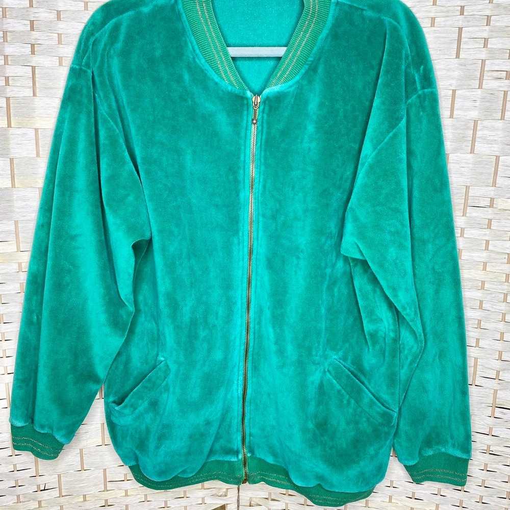 Vintage 90s Womens Green Velour Zip Up Jacket Wit… - image 1