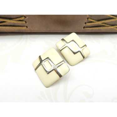 Vintage Vintage Cream Enamel Pale Gold Clip On Ea… - image 1