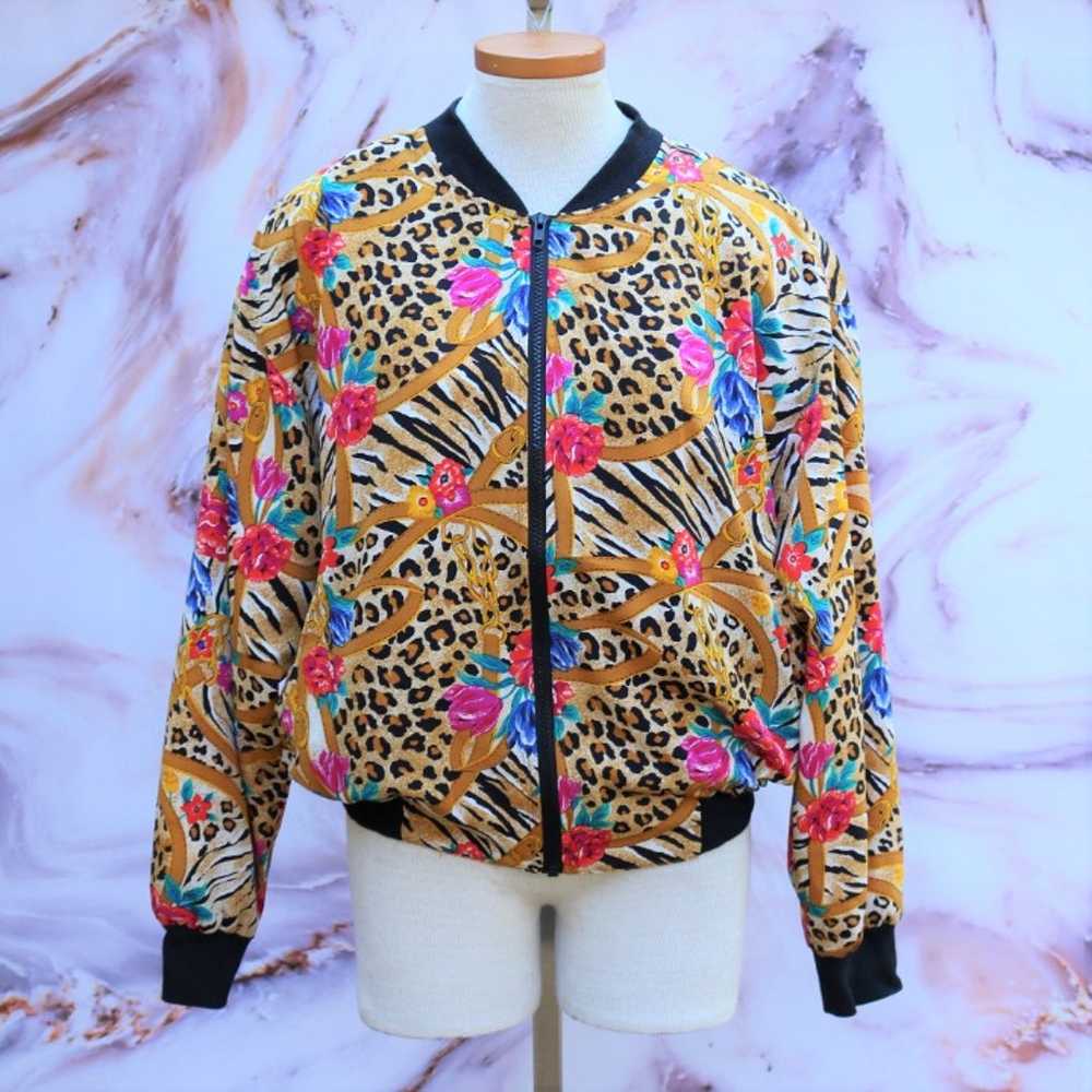 Vtg 90s Floral Leopard Print Jacket Sz M - image 2