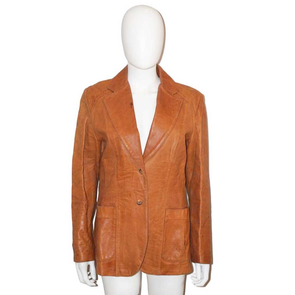VINTAGE 80s Brown Leather Buttoned Tailored Jacket - image 1