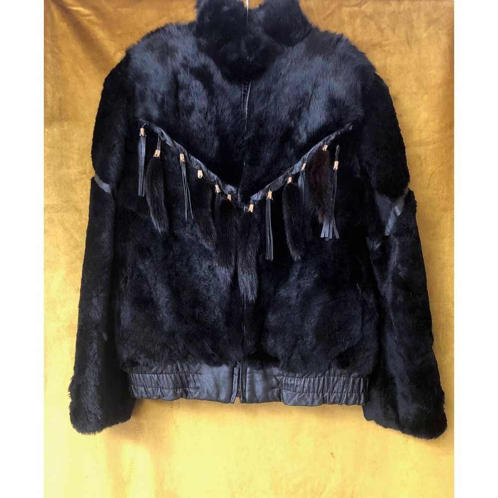 Vintage Black Rabbit Fur Jacket Tassels & Leather… - image 1