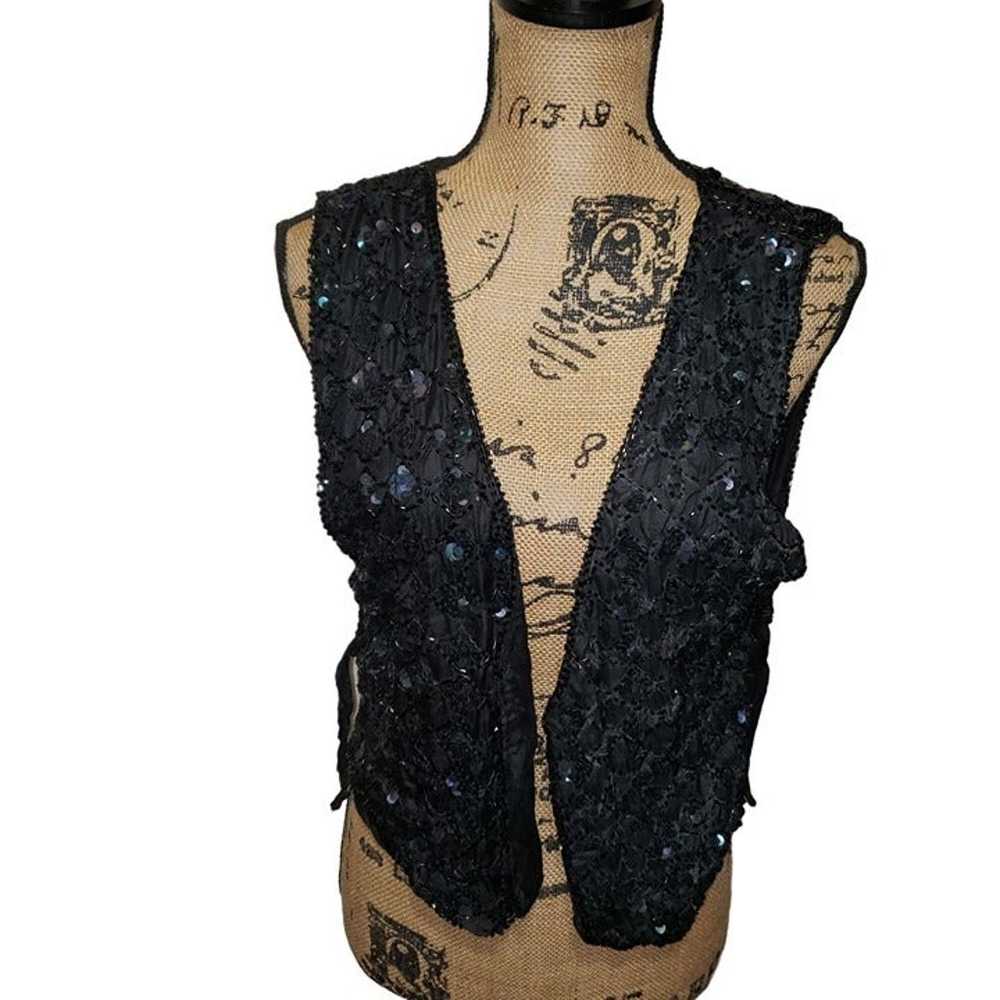 Vintage Black Sequin & Bead Embellished Vest Size… - image 2