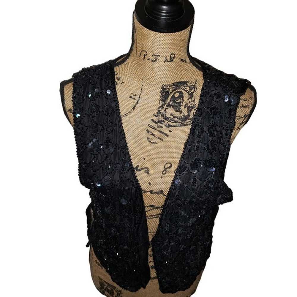 Vintage Black Sequin & Bead Embellished Vest Size… - image 3