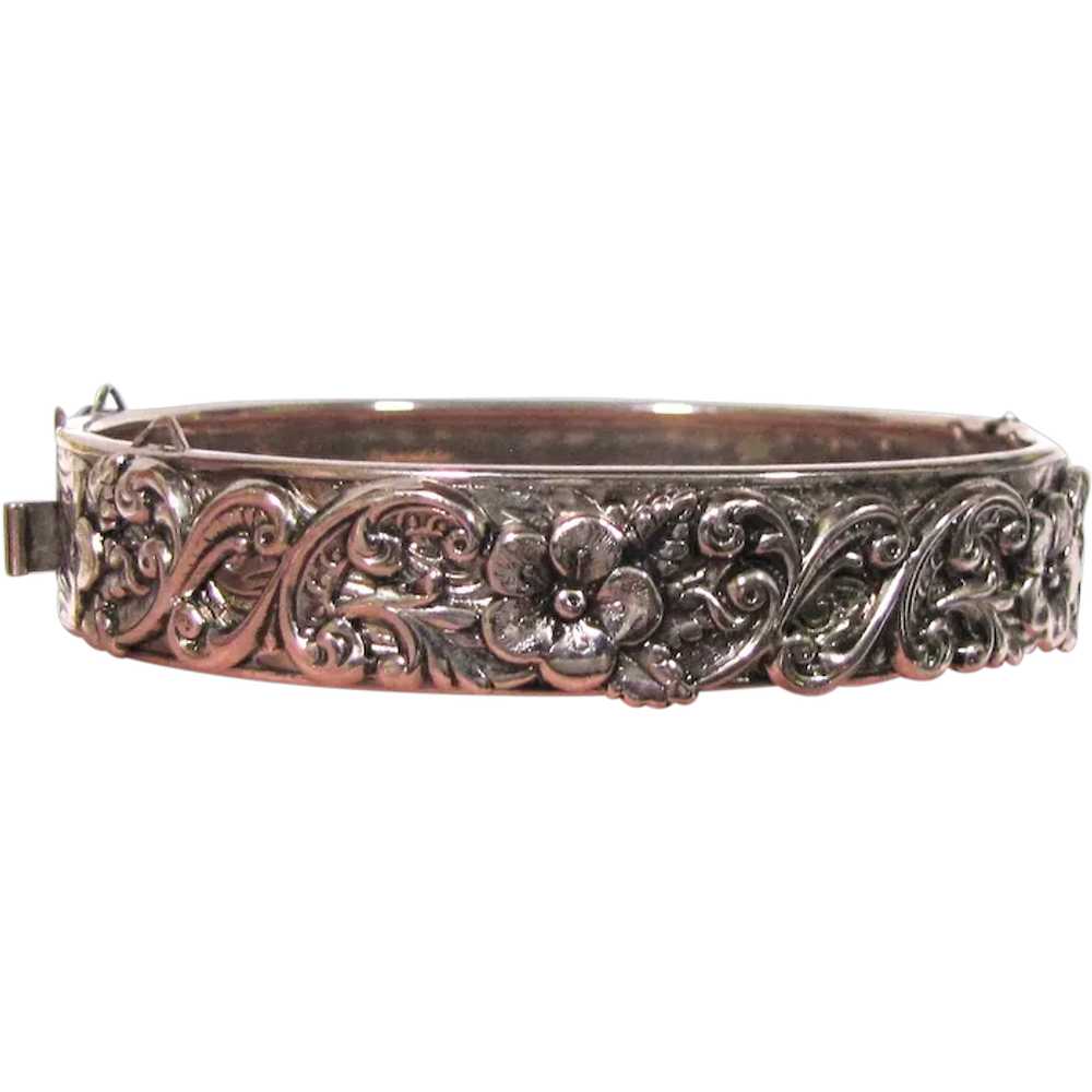 Ornate Victorian Revival Silvertone Hinged Bangle… - image 1