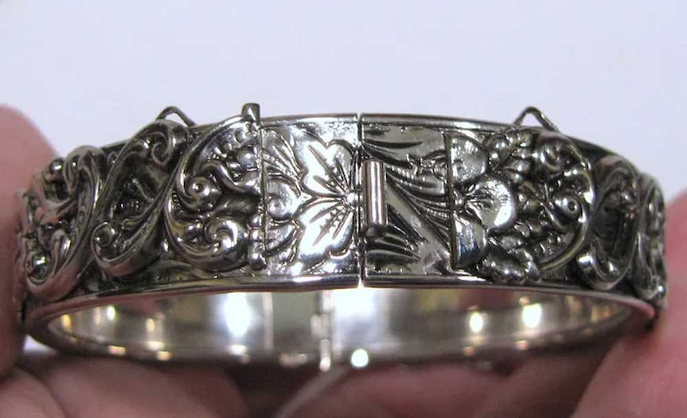 Ornate Victorian Revival Silvertone Hinged Bangle… - image 2