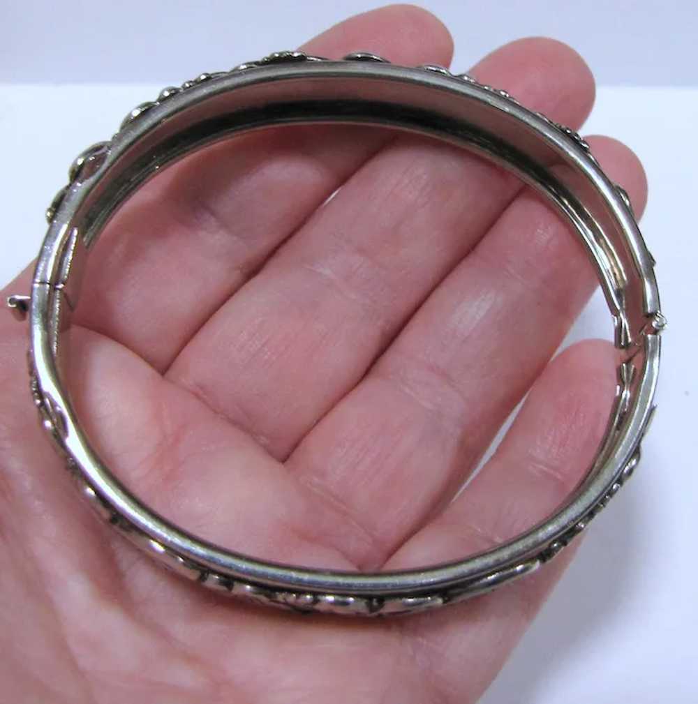 Ornate Victorian Revival Silvertone Hinged Bangle… - image 3