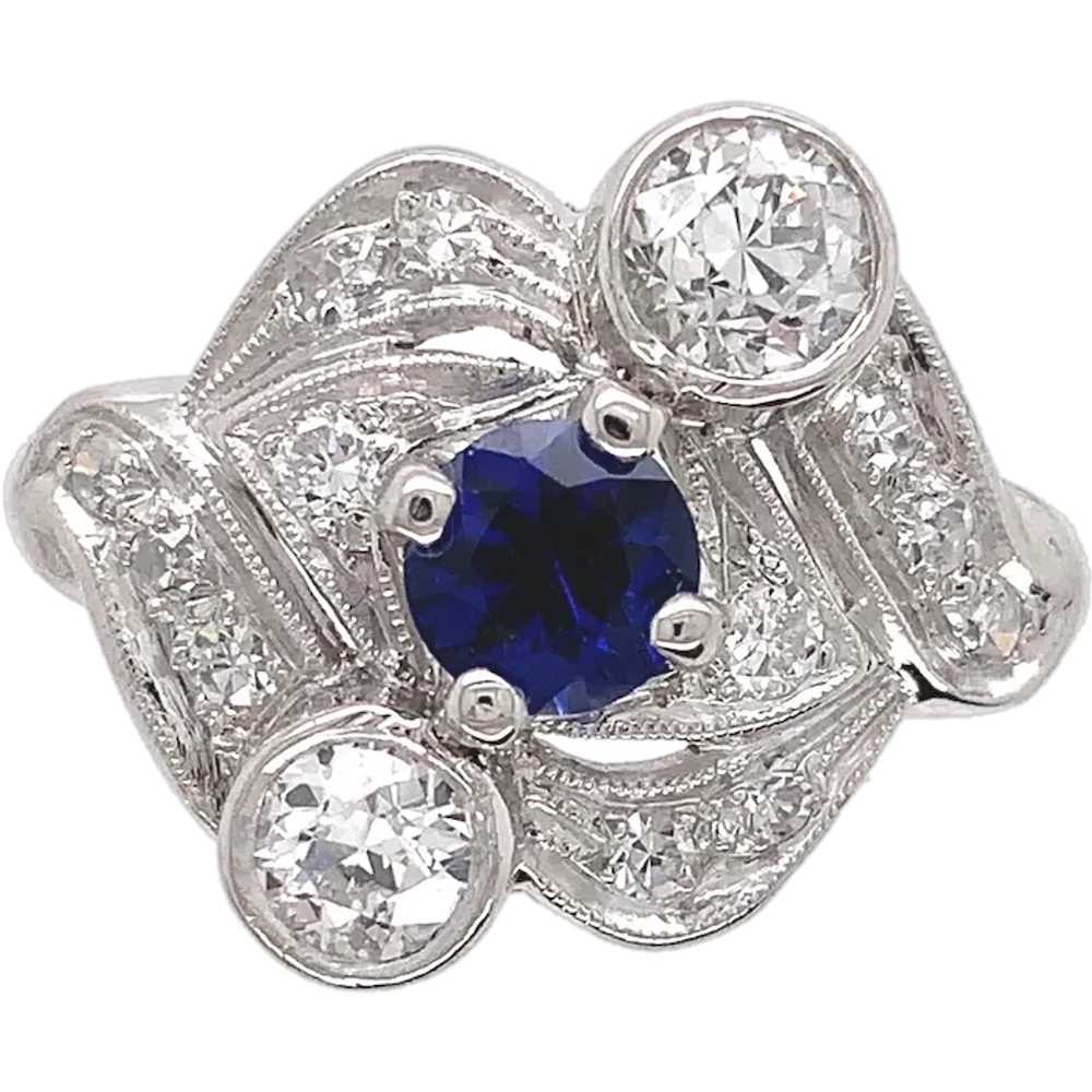 Vintage Platinum Blue Sapphire and Diamond Ring - image 1