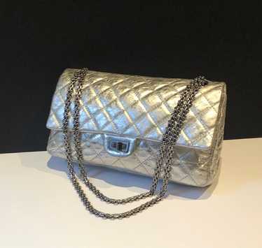 CHANEL Metallic Silver Quilted 2.55 Aged Leather … - image 1