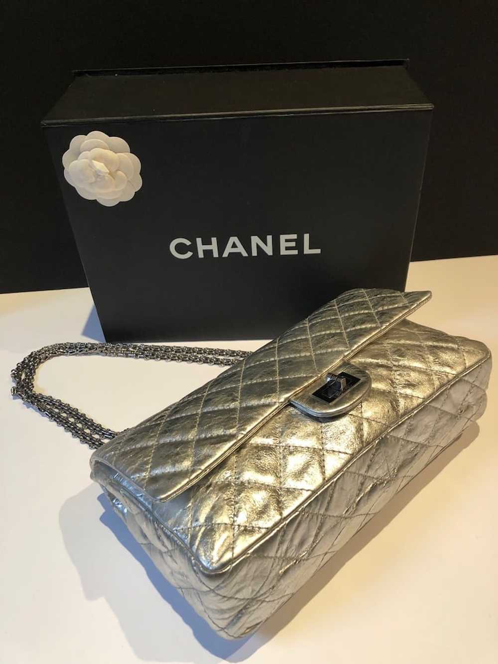 CHANEL Metallic Silver Quilted 2.55 Aged Leather … - image 8