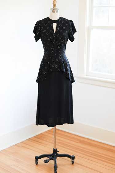 Vintage 1940s Dress - Black Rayon w Peekaboo Caged