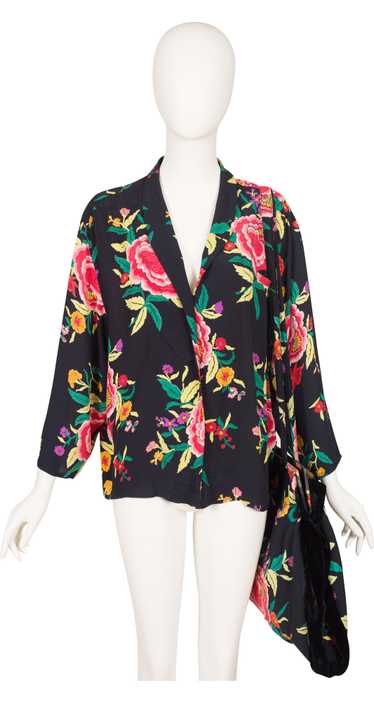 Norma Kamali 1980s Floral Black Silk Light Jacket… - image 1