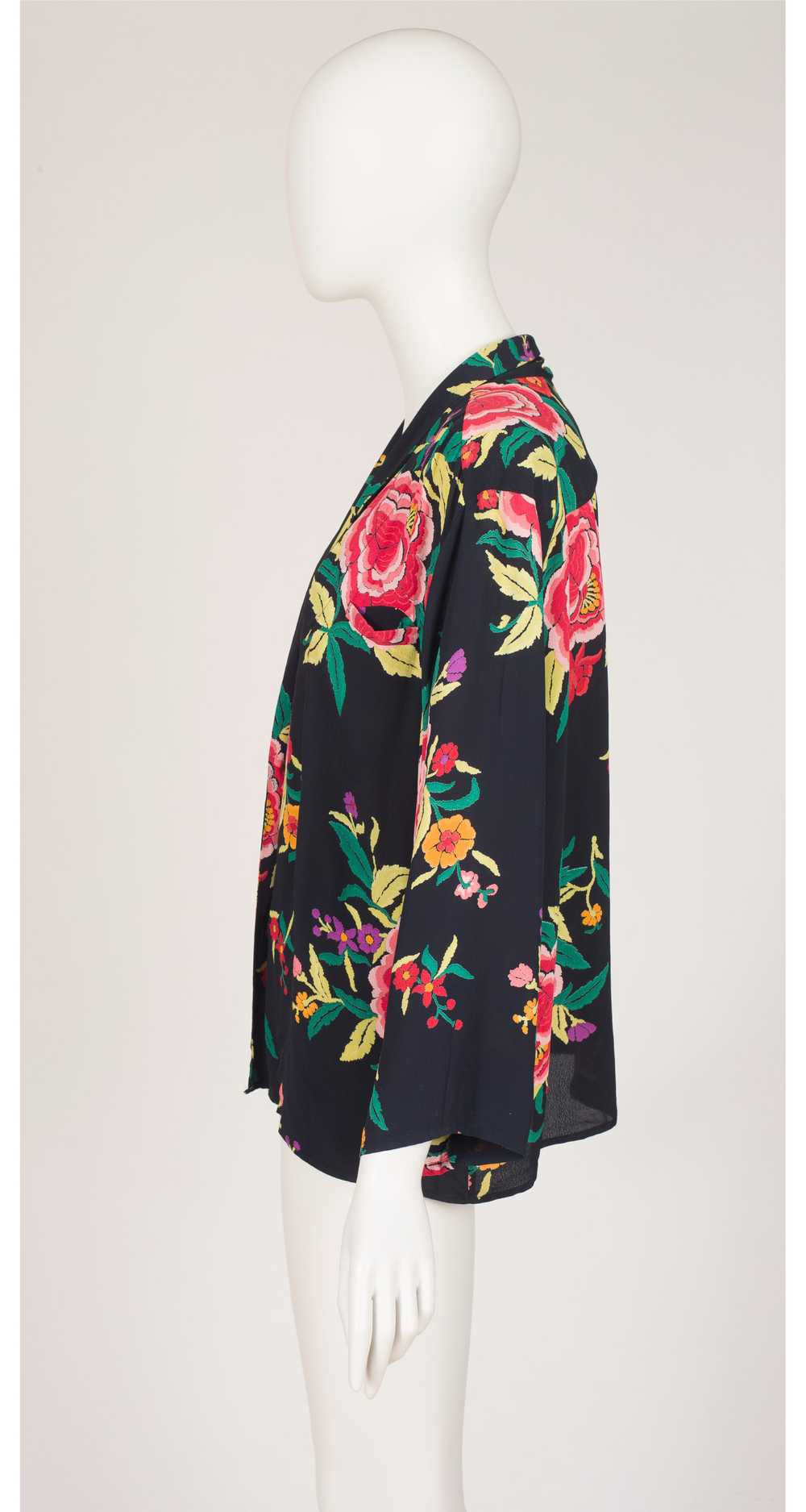 Norma Kamali 1980s Floral Black Silk Light Jacket… - image 5