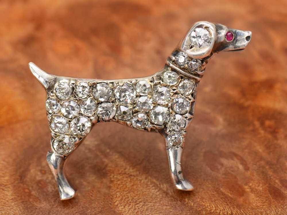 Puppy Love - Antique Diamond Dog Brooch - image 2