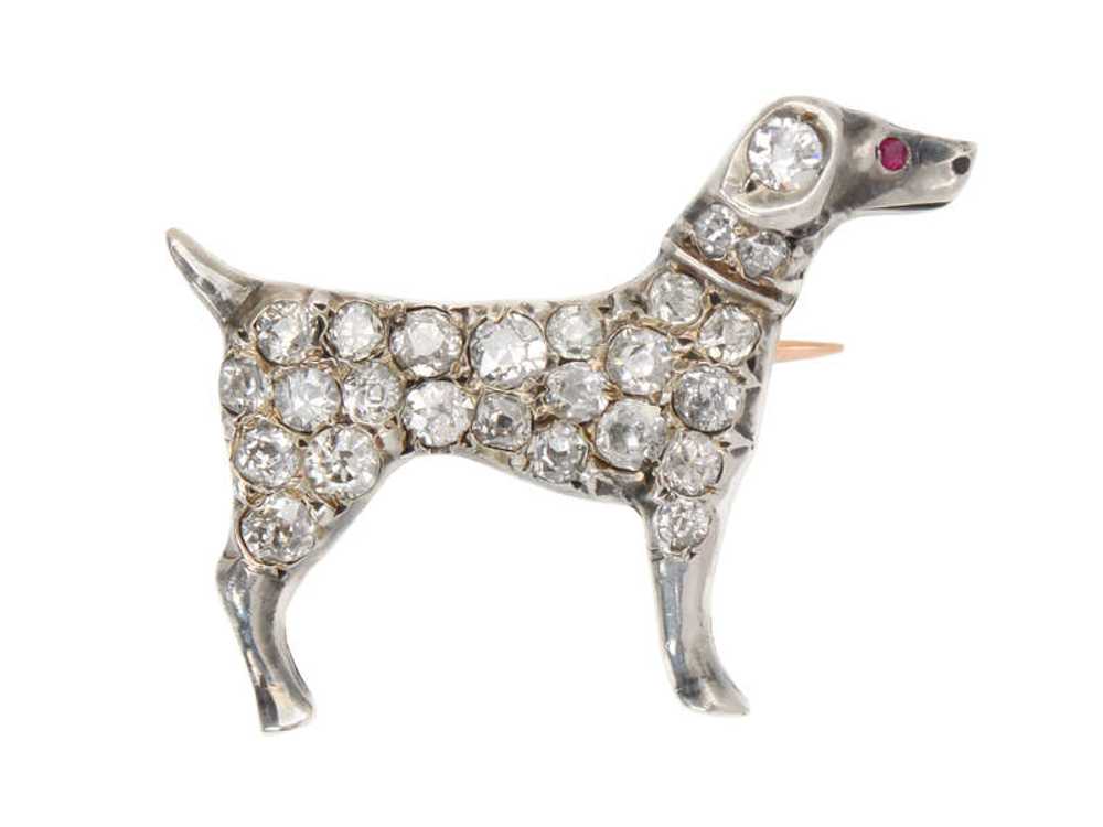 Puppy Love - Antique Diamond Dog Brooch - image 3