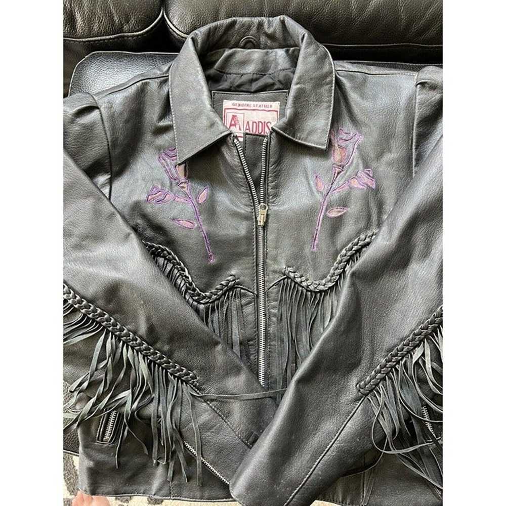 Vintage Addis Black Genuine Leather Fringe Jacket… - image 3