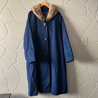 Vintage Navy Blue Long Jacket Fur Collar