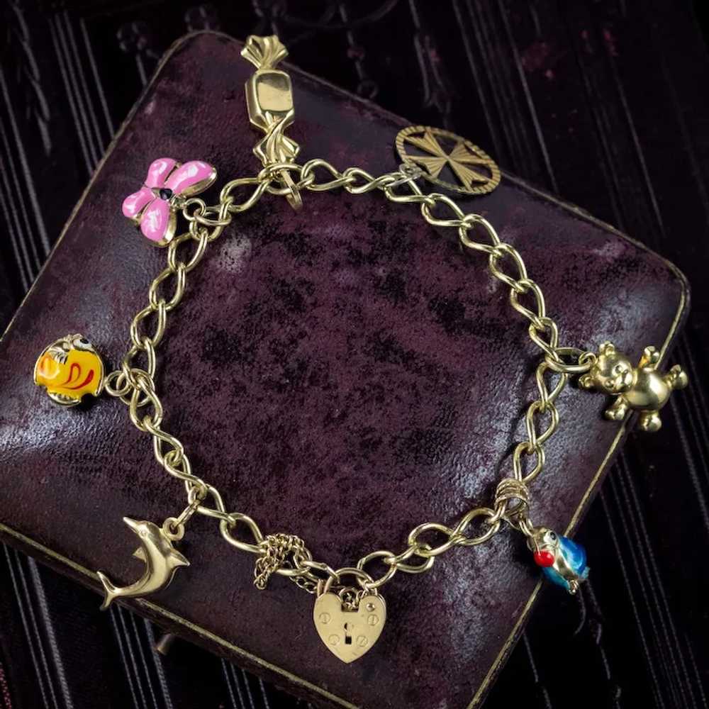 Vintage Enamel Charm Bracelet 9ct Gold With Heart… - image 11