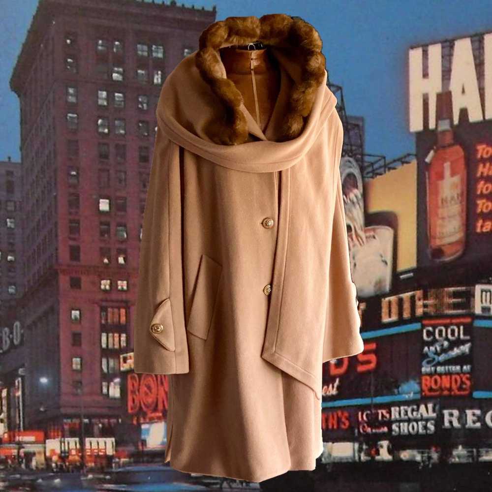 Vintage 80s 90s Faux Fur Detachable Hood Camel Ta… - image 1