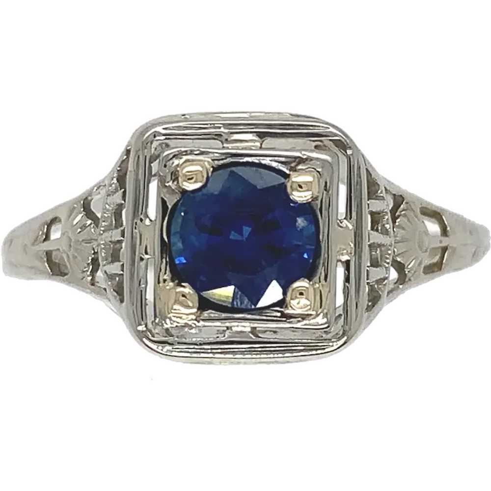 18K gold Filigree Ring with .57ct Sapphire Art De… - image 1