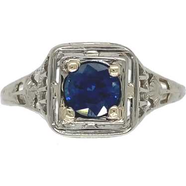 18K gold Filigree Ring with .57ct Sapphire Art De… - image 1