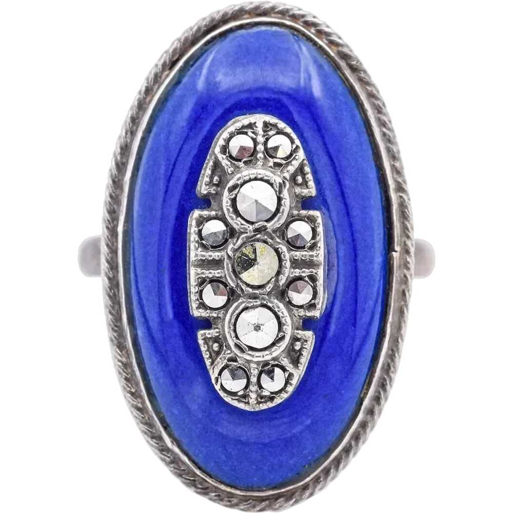 Antique Edwardian Blue Enamel Sterling Silver Mar… - image 1